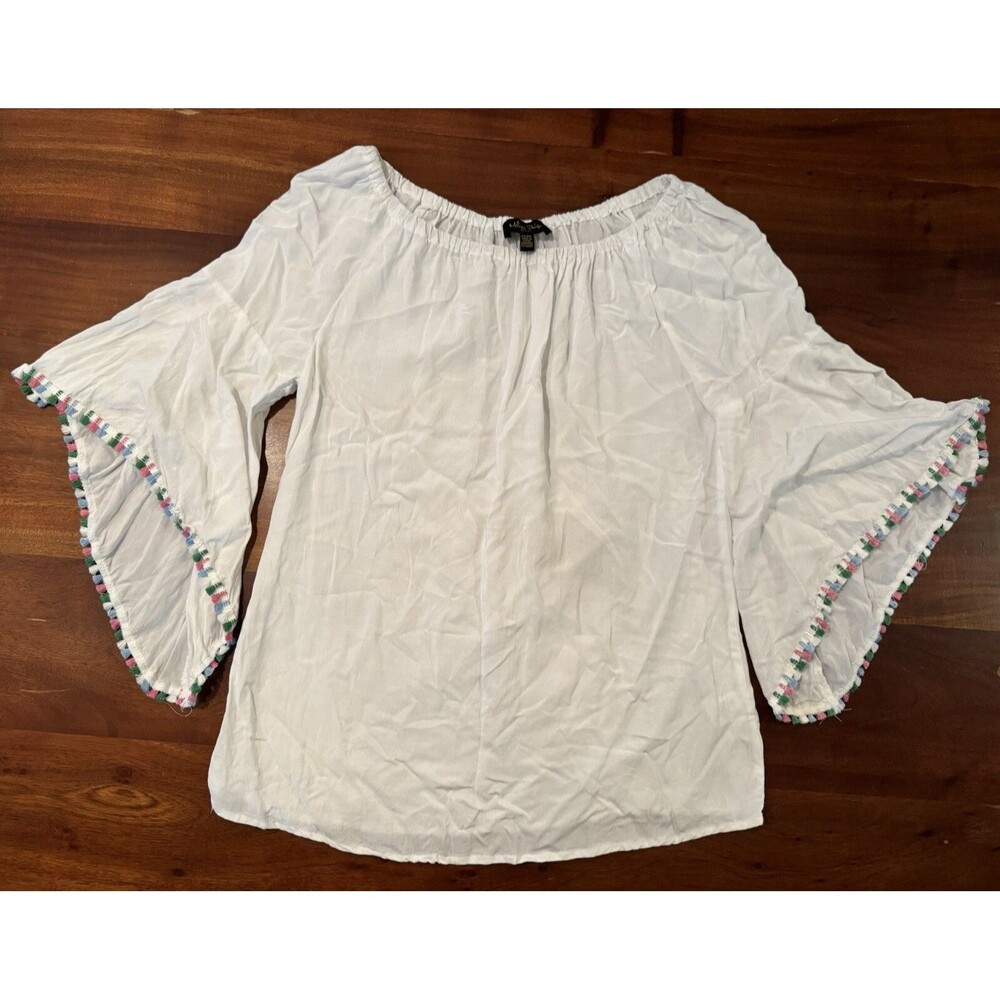 Melissa Paige Petite Small White Boho Peasant Blouse Colorful Fringe Bell Sleeve